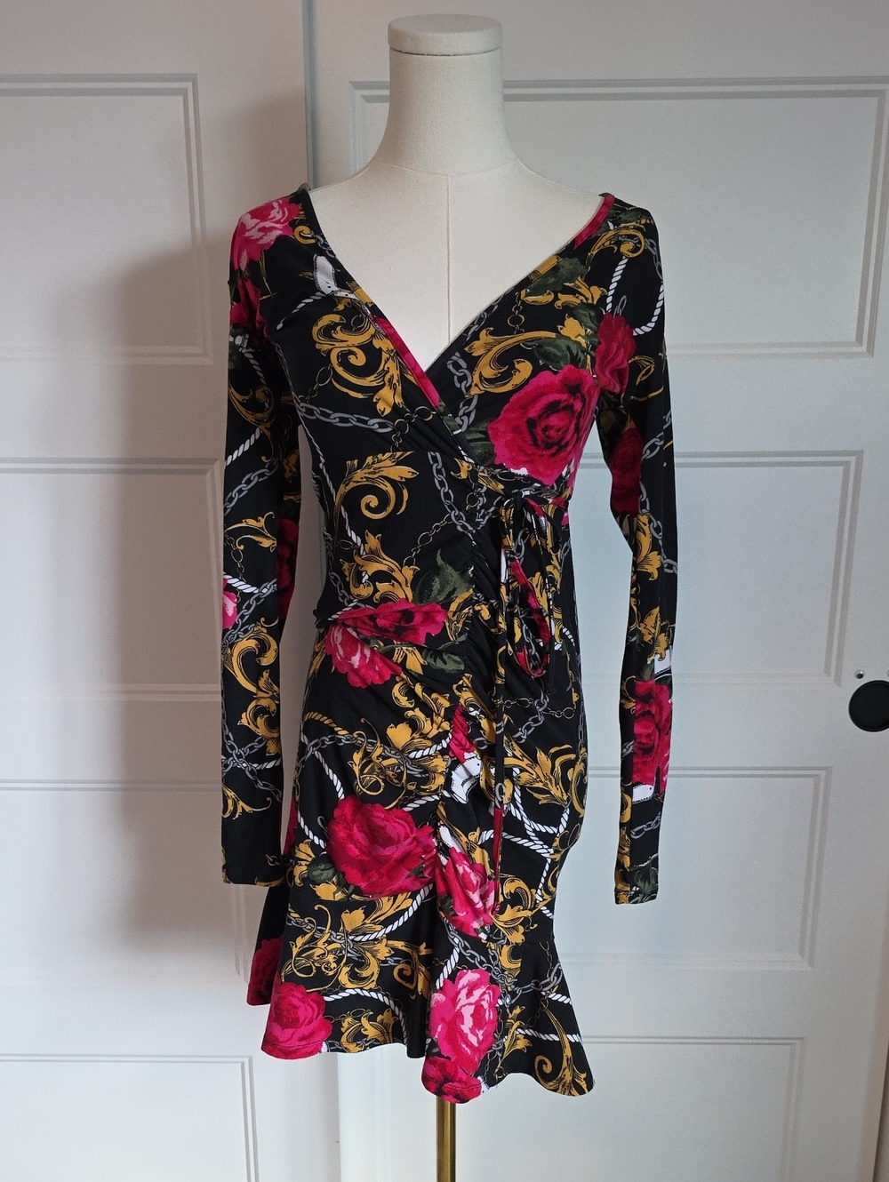 Derek Heart Black Wrap Dress with Pink Rose and Gold Scroll Print